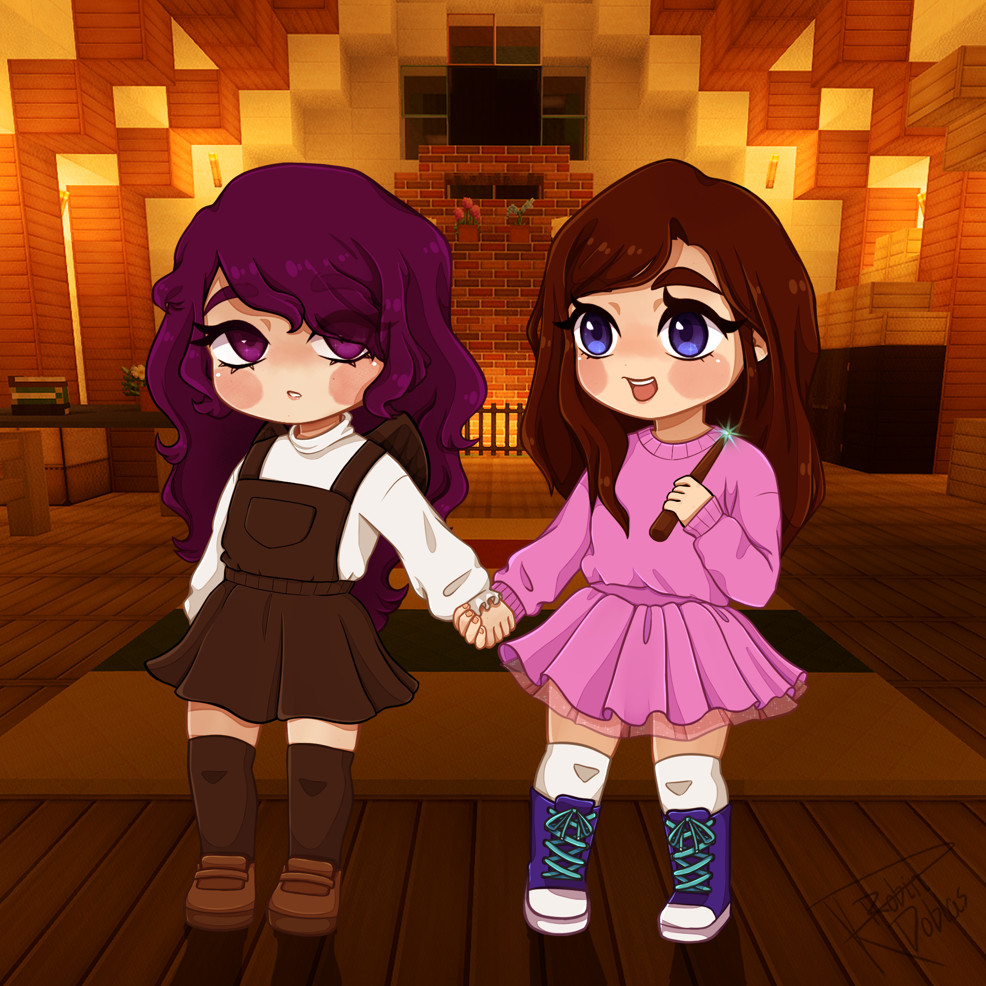 Ilustración digital de dos niñas en estilo chibi con fondo de minecraft y ambientación de fantasía