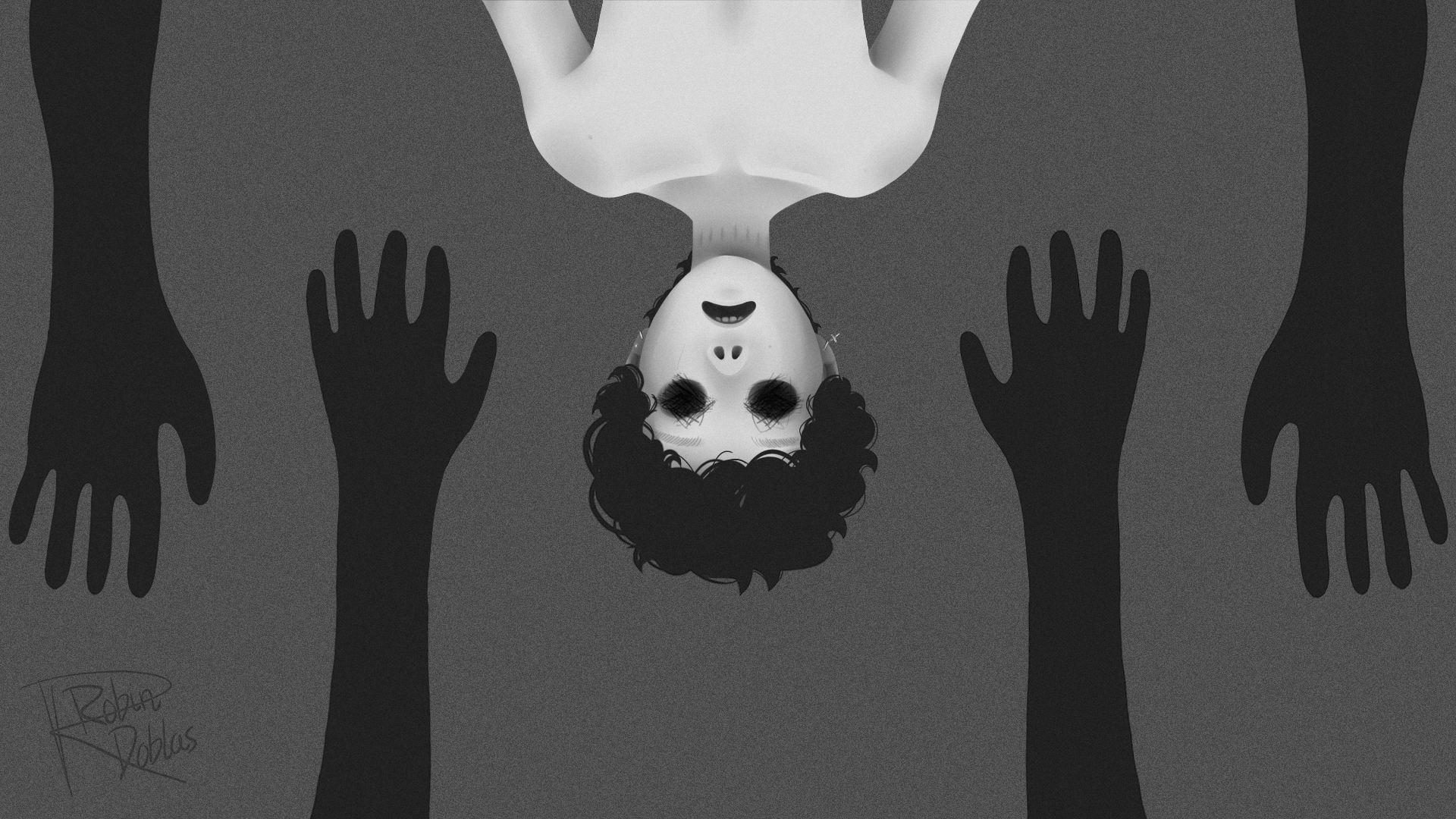 Ilustración digital de busto humano boca abajo y manos negras que aparecen desde los bordes, en blanco y negro