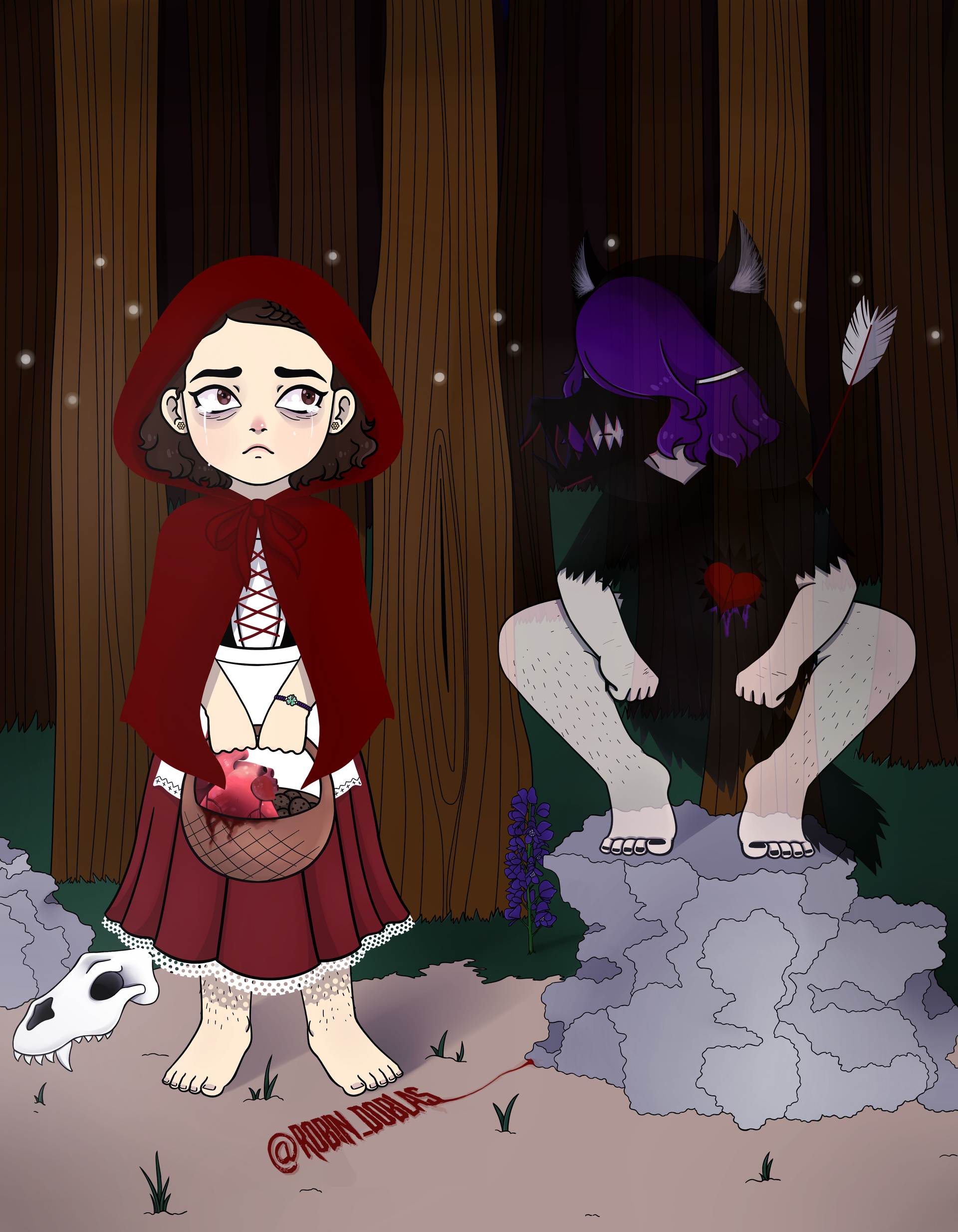 Ilustración digital inspirada en Caperucita Roja, Caperucita sostiene una cesta con un corazón y el lobo tiene una flecha con forma de corazón clavada en el pecho