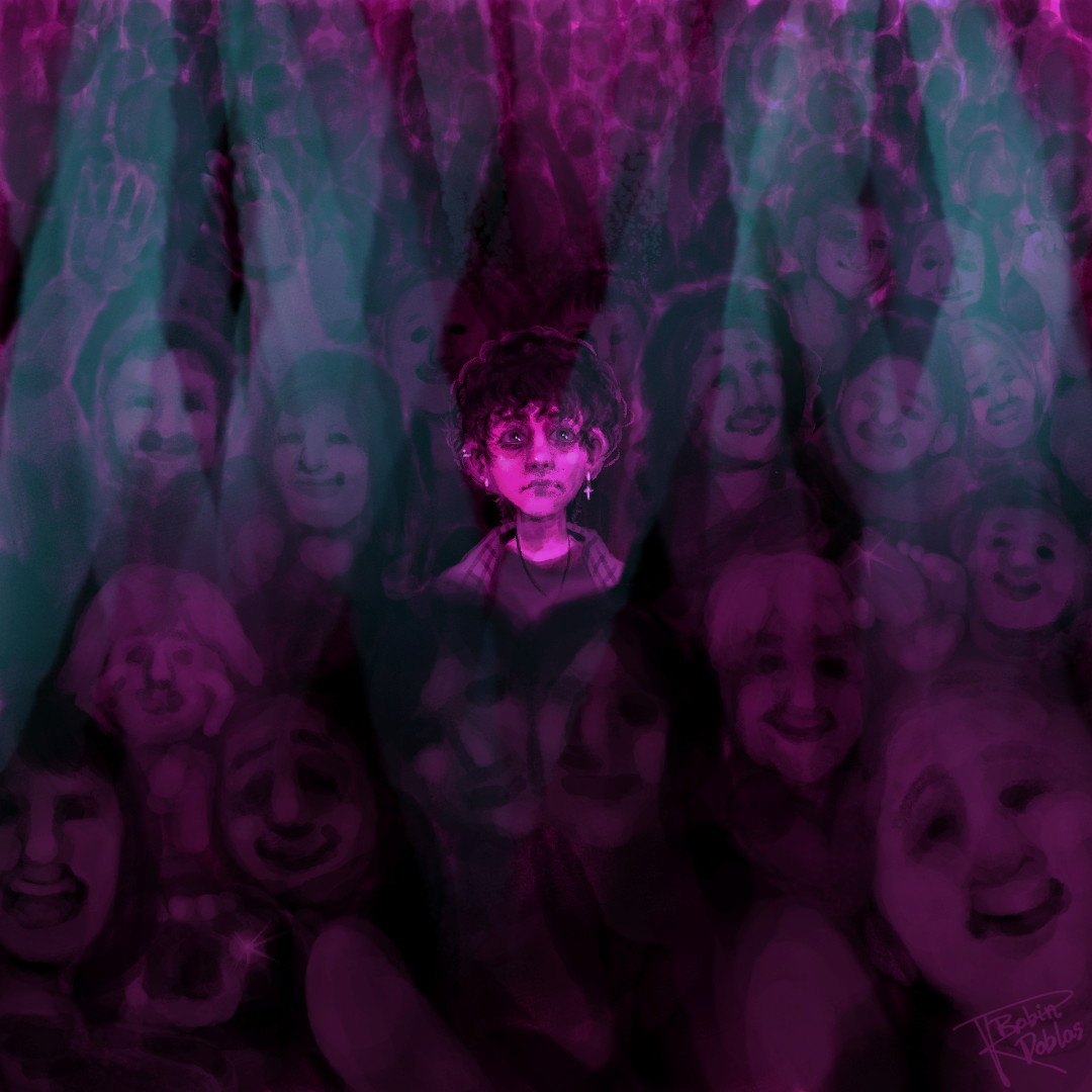 Ilustración digital inspirado en un la marea de un concierto, en color magenta
