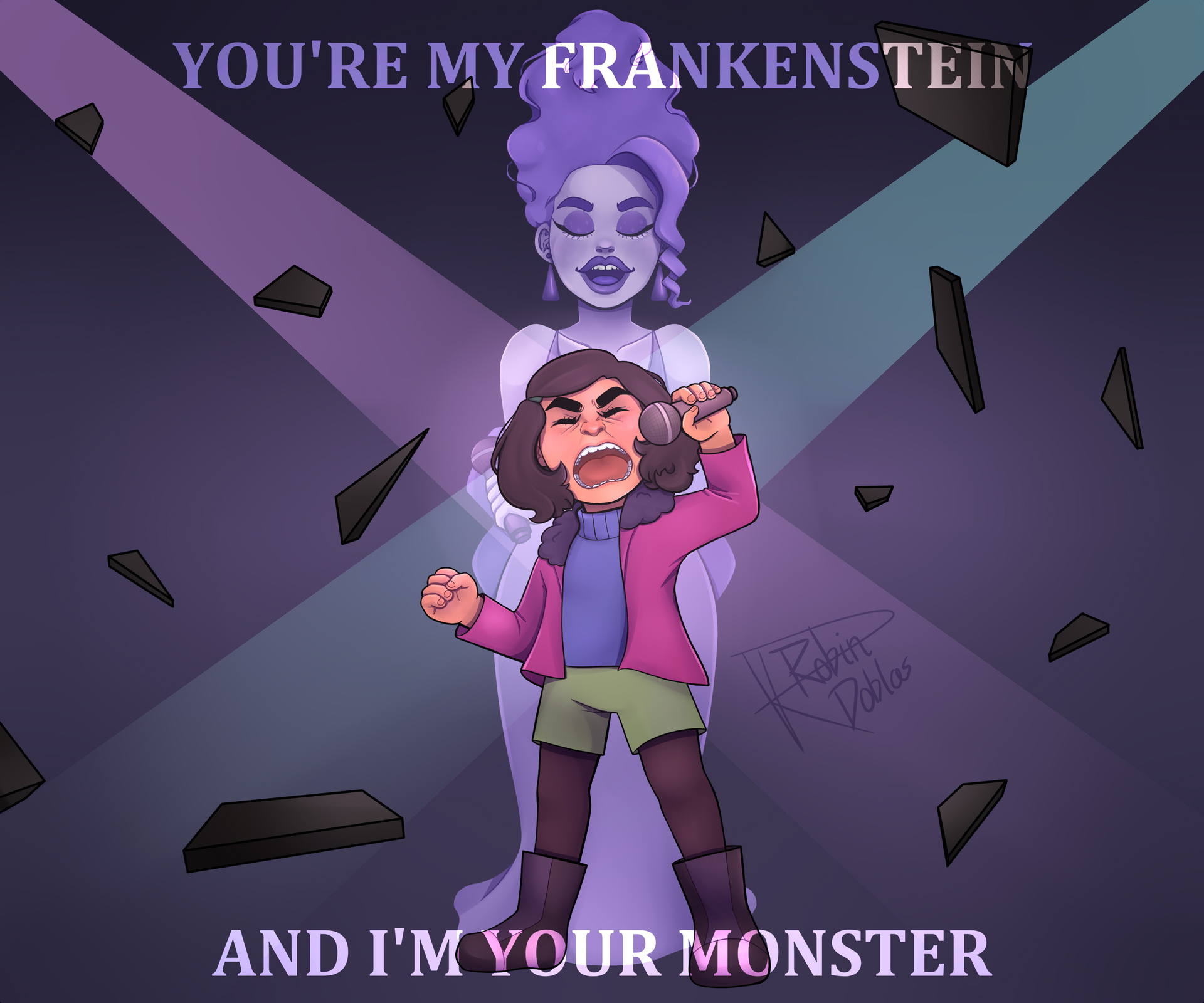 Fanart digital de Norma cantando en un escenario, con el fantasma de Pauline detrás de ella, inspirado en la canción 'My Frankenstein' de la serie Dead End: Paranormal Park