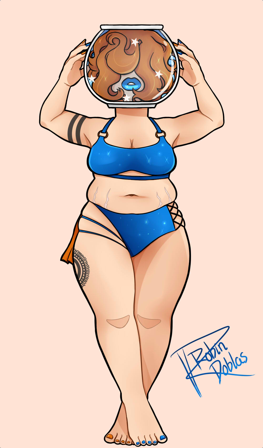 Ilustración digital figura femenina simétrica con pecera en la cabeza, predominantemente naranja y azul