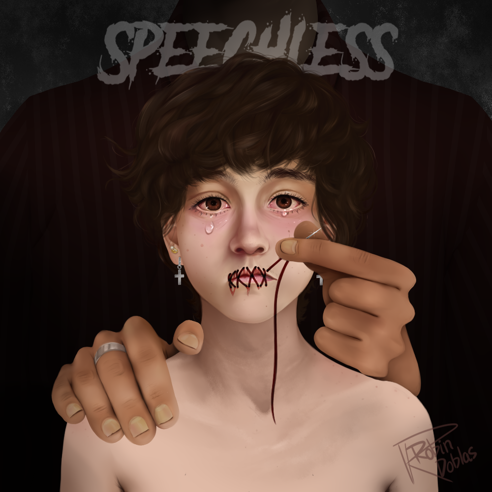 Ilustración digital de estilo realista, autoretrato con la boca siendo cosida por una figura de manos amarillentas del fondo
