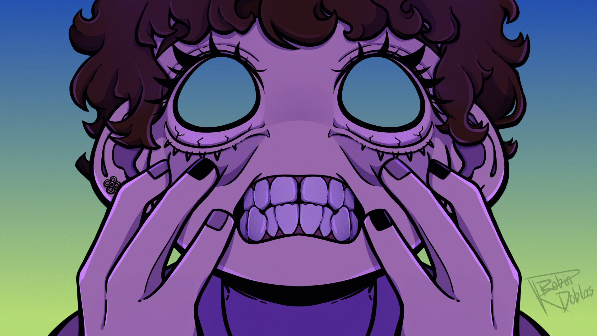 Animación digital de rostro humano con expresión desesperada que cambia de color