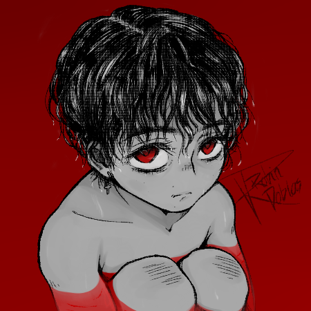 Ilustración digital de una figura humana en una bañera, en blanco, negro y rojo