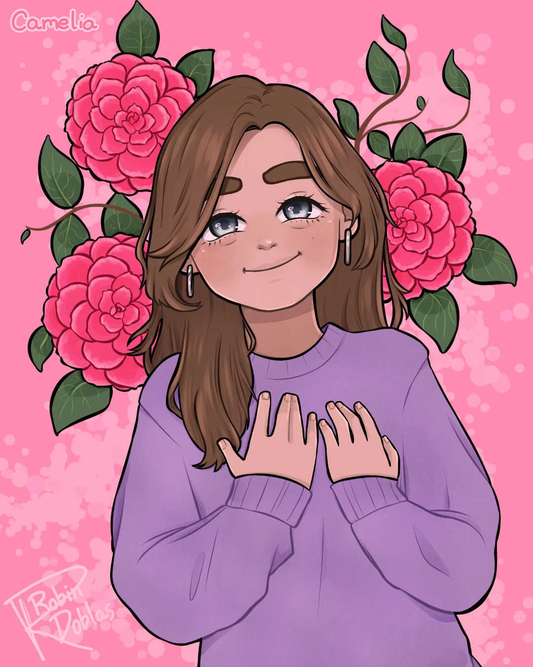 Ilustración digital de Emma rodeada de camelias con tonos rosados.