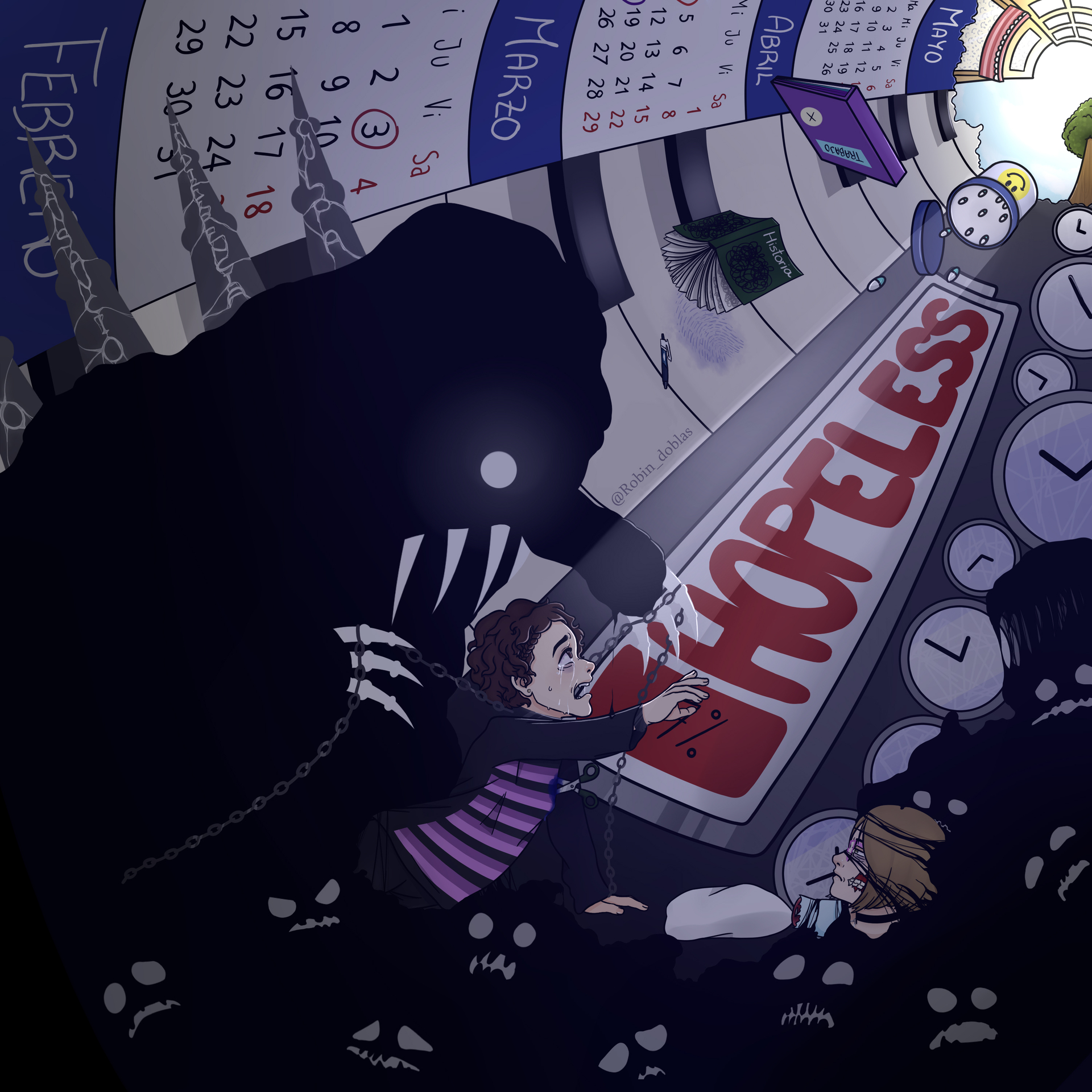 Ilustración digital de una figura siendo aplastada y encadenada por un monstruo, extendiendo la mano a la salida de un agujero