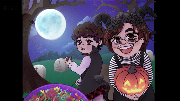 Ilustración de Halloween con un paisaje, un personaje disfrazado de vampiro comiendo chuches y otro disfrazado de demonio sosteniendo una calabaza
