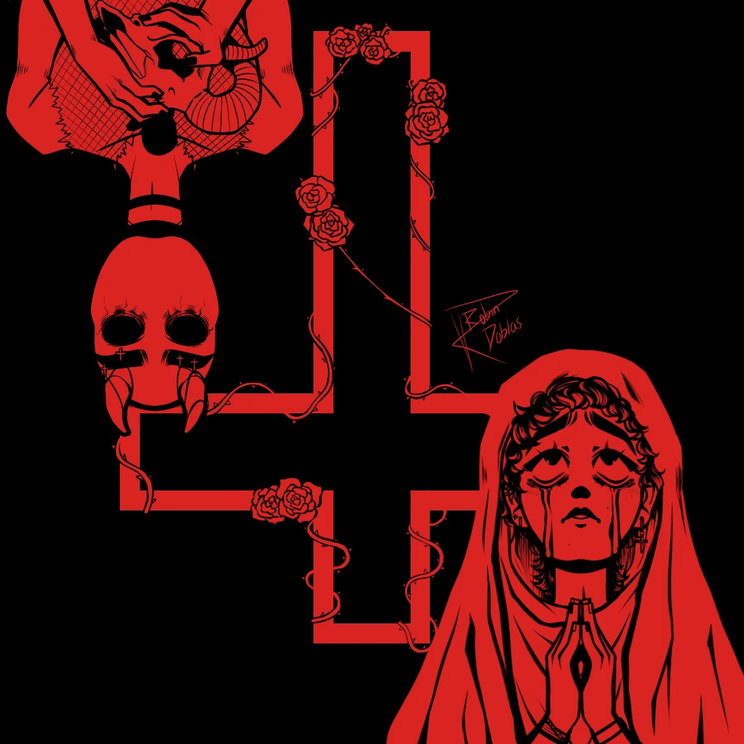 Ilustración digital diablo y virgen con una cruz invertida de fondo, exclusivamente en negro y rojo