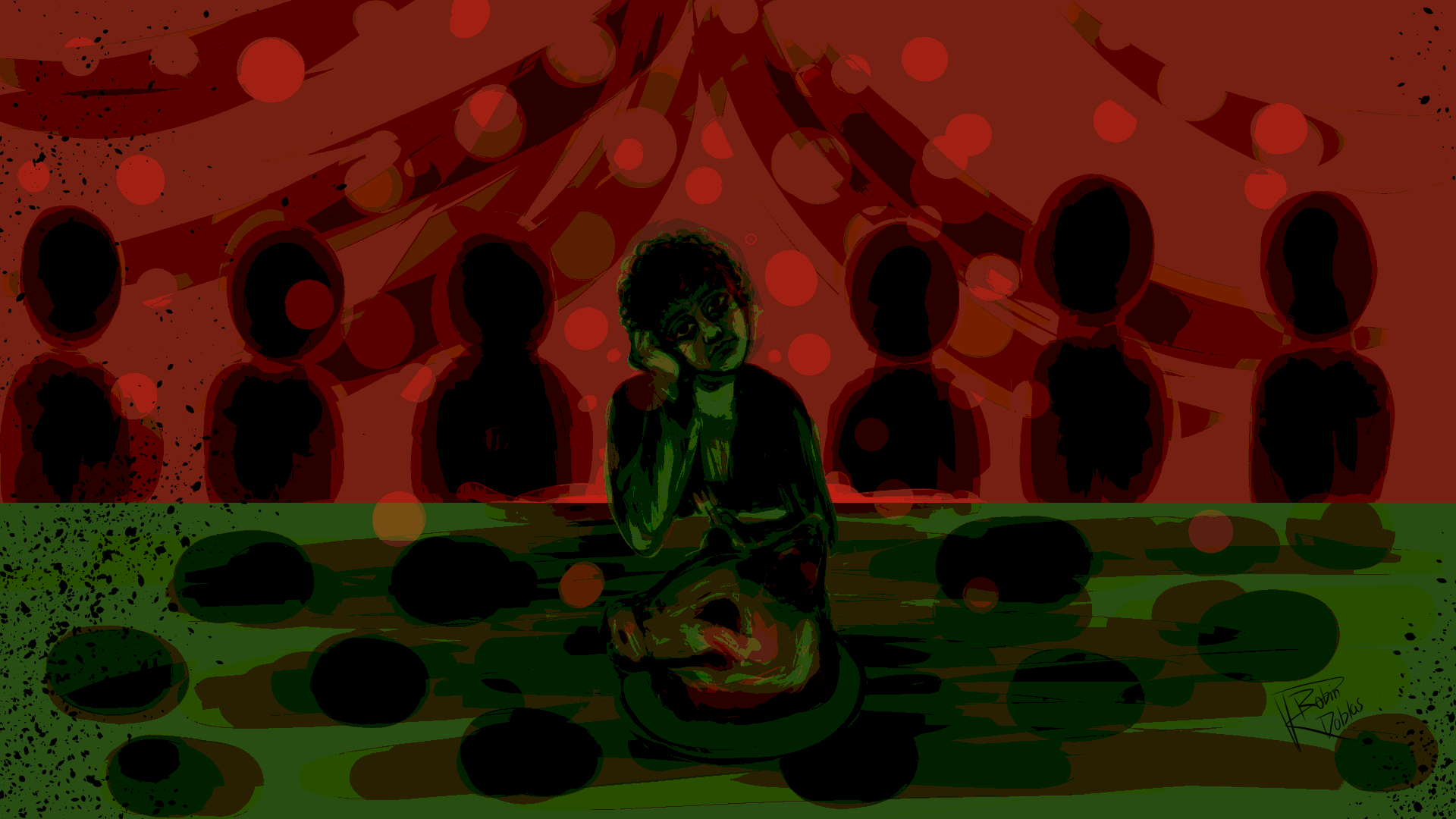 Ilustración digital cena de Navidad en colores rojos y verdes