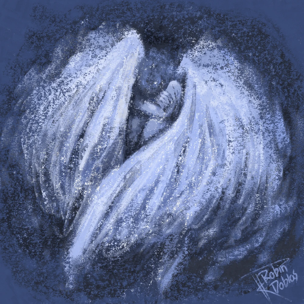 Ilustración digital en cian de una figura con alas de angel en posición retraída.