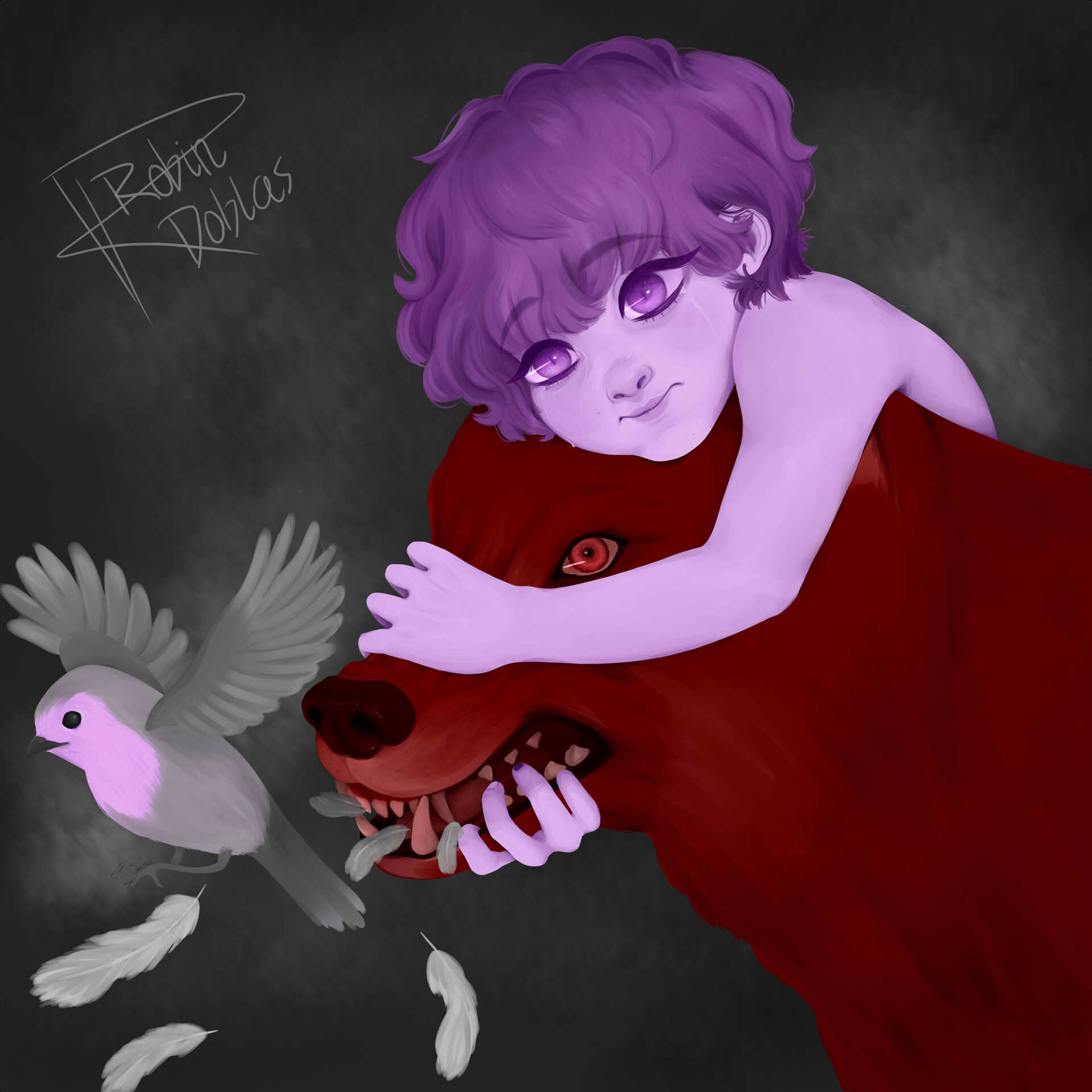 Ilustración digital de una figura humana morada sosteniendo un lobo rojo, mientras un petirrojo con plumas moradas vuela desde su boca