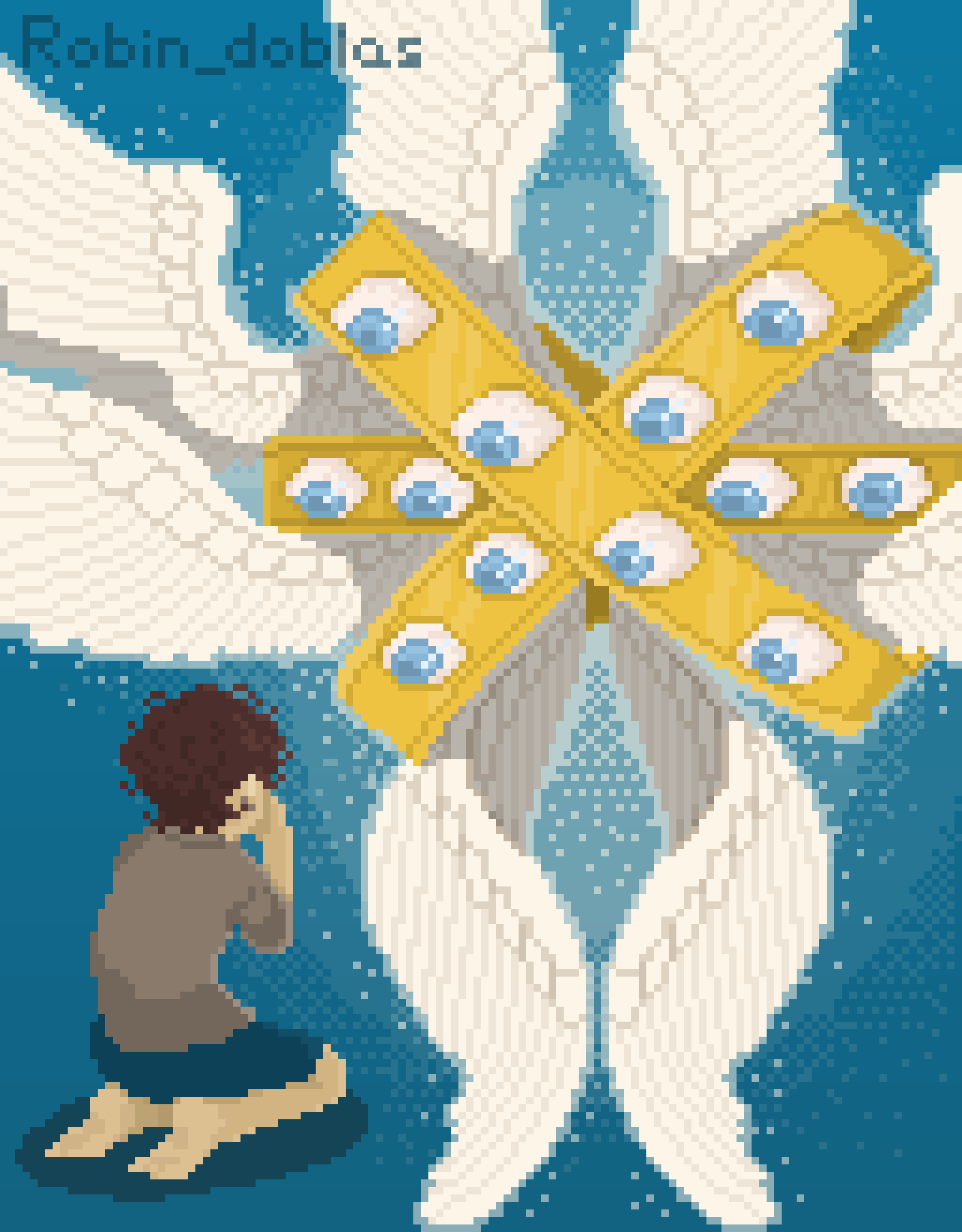 Ilustración en pixelart de una persona de rodillas rezándole a un ángel de ojos azules biblicamente preciso