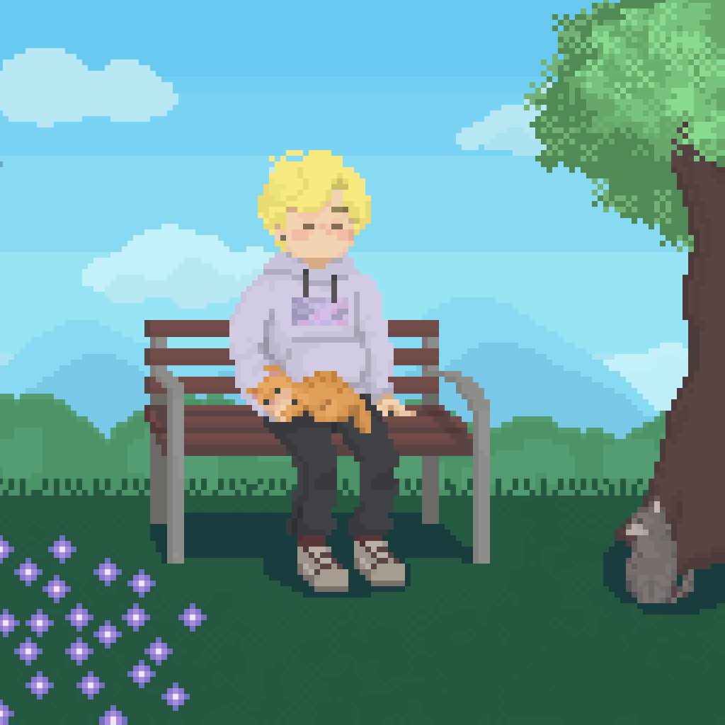 Animación en pixelart de un chico rubio sentado en un banco con un gato naranja en las piernas y un gato gris bajo un árbol