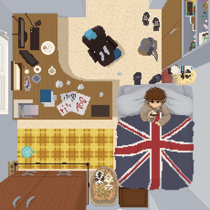 Animación en pixelart de un cuarto desde vista de págaro, muestra escenas de mañana, tarde y noche con una persona 'scrolleando' en la cama
