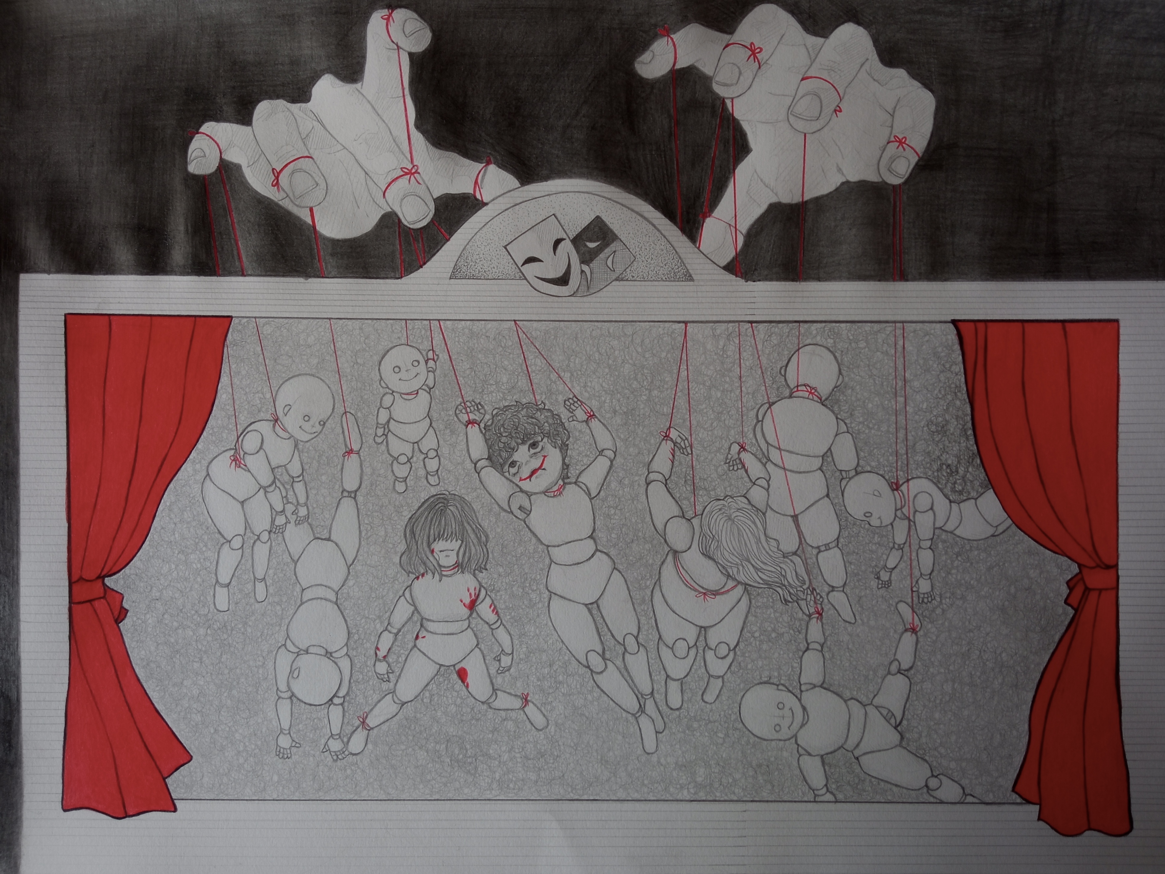 Ilustración echa a lápiz, un escenario de teatro con maniquís controlados por hilos rojos por dos manos flotantes; en blanco, negro y rojo