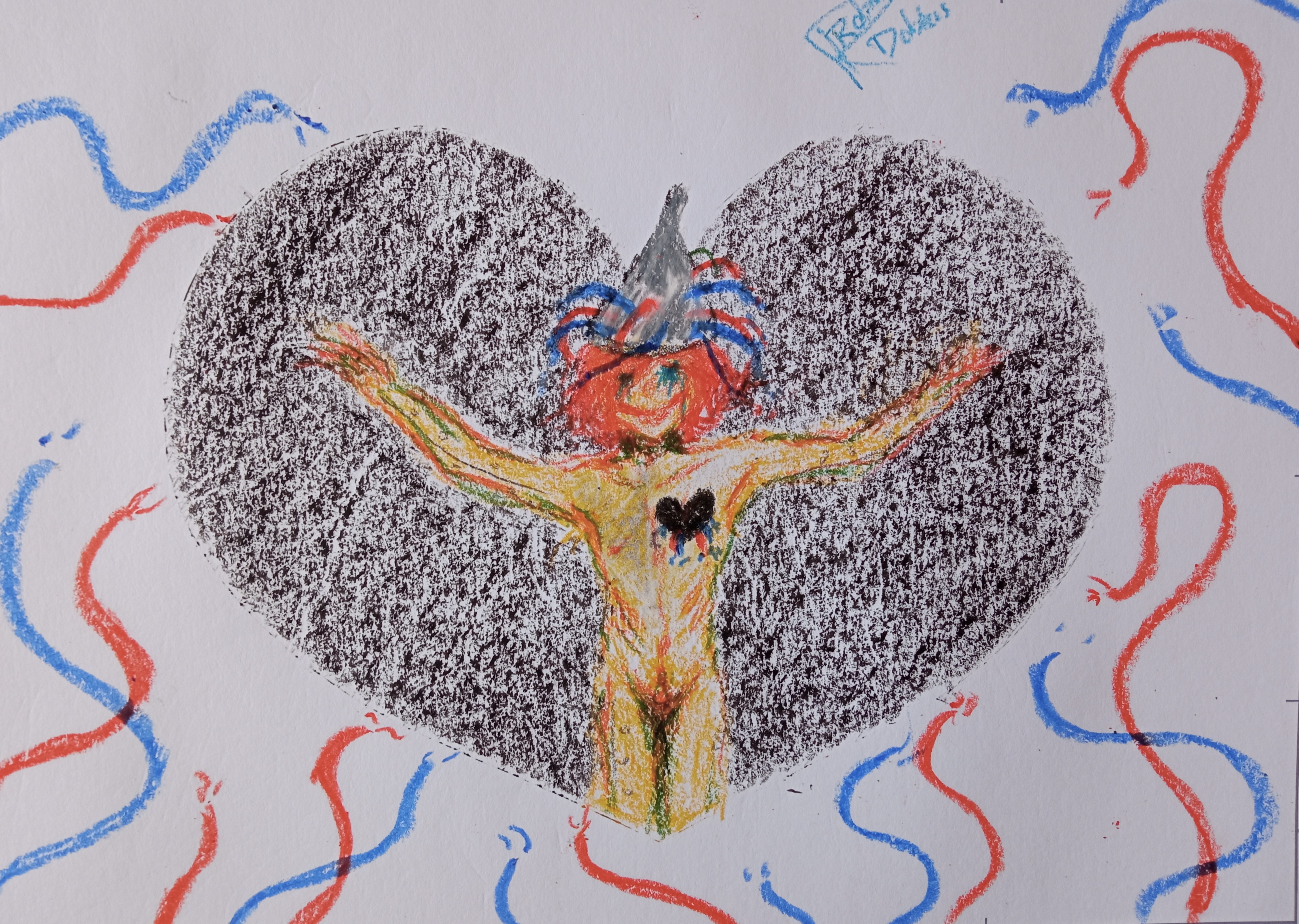 Ilustración con ceras de un hombre de hojalata con un hueco en el corazón del que salen cables