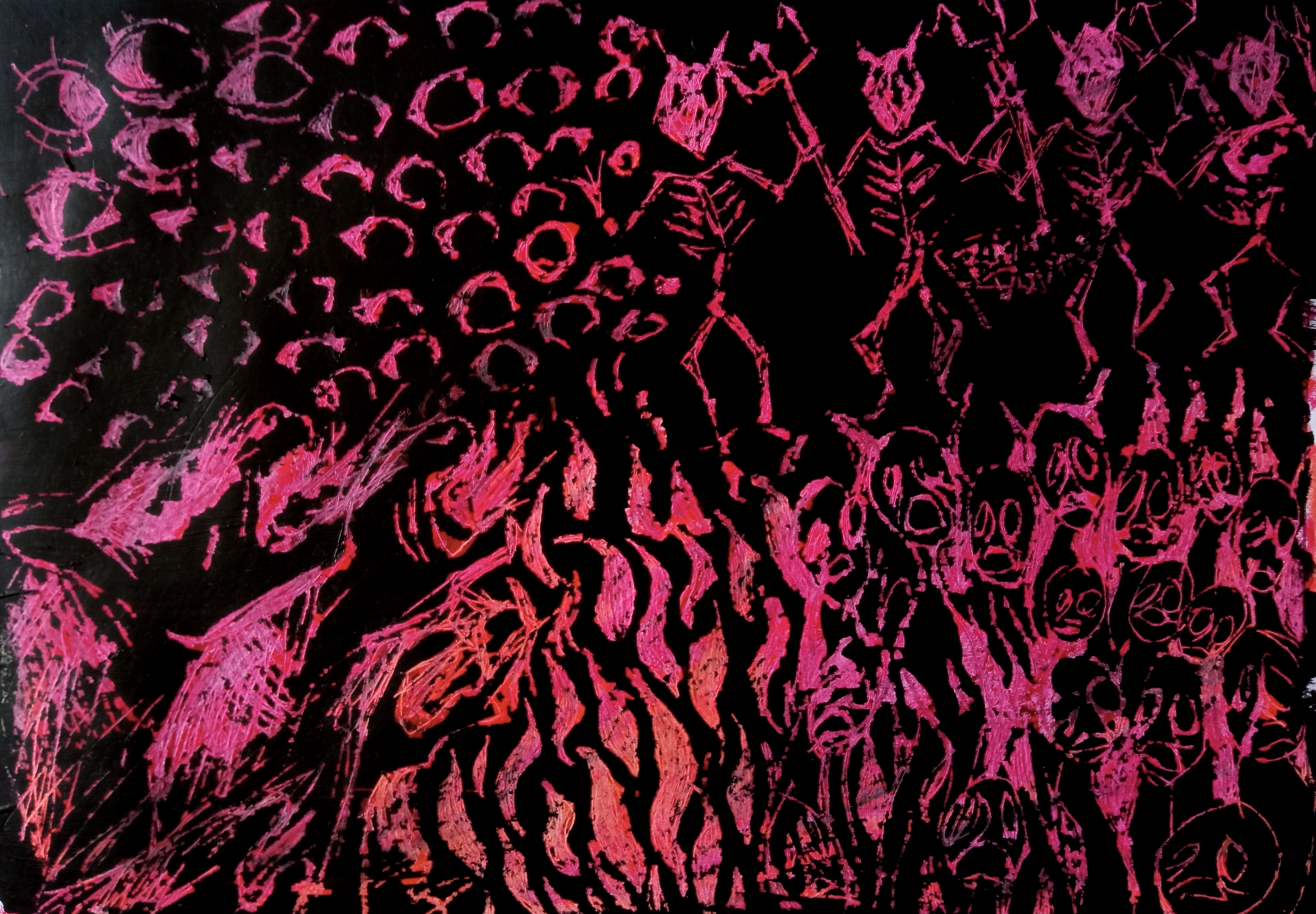 Ilustración de esgrafiado con demonios, almas en pena que gritan, caballos que echan fuego de la boca y ojos