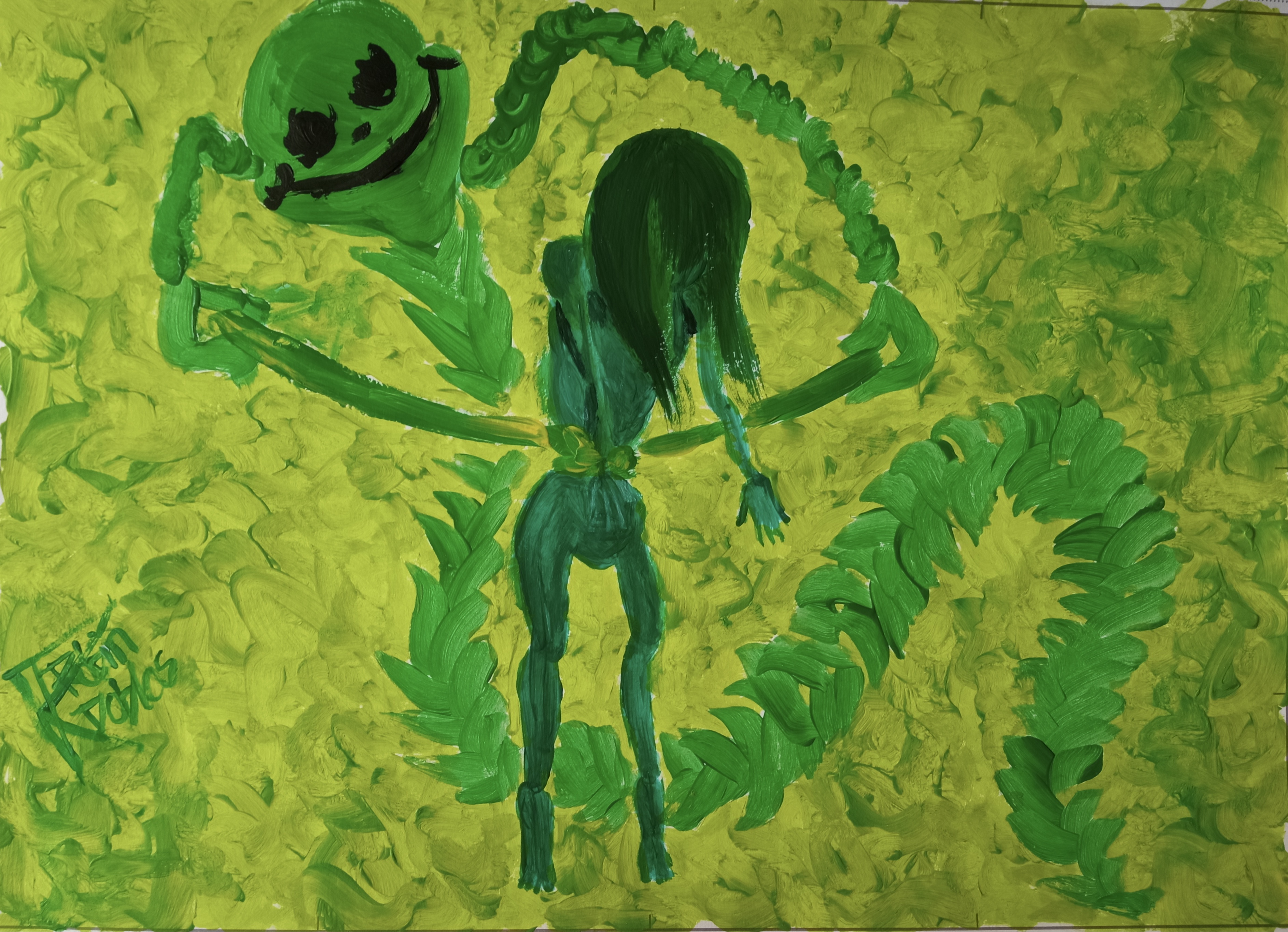 Ilustración en acrílico verde del monstruo ED apretándole la cintura con una cuerda a una mujer