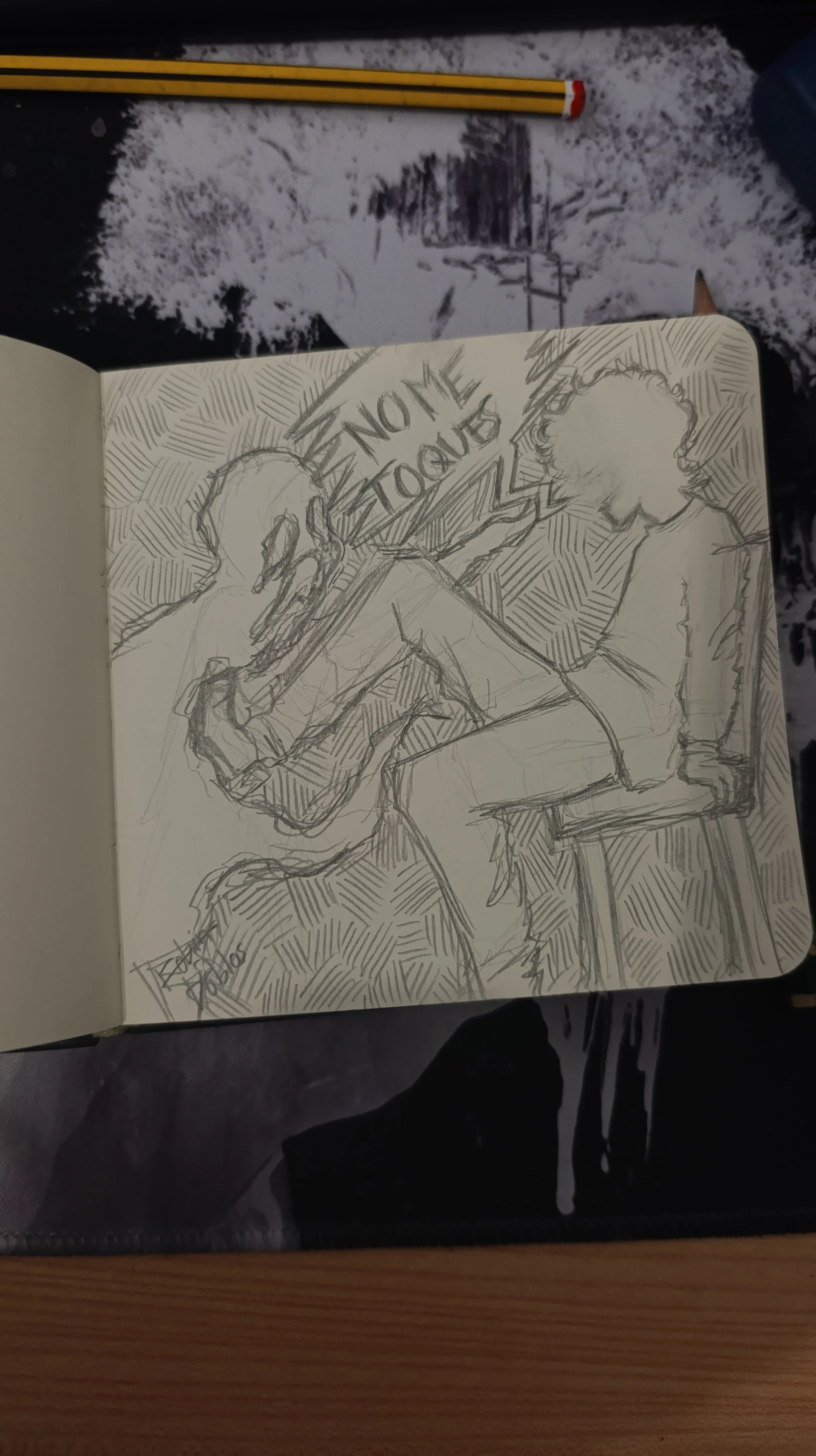 Ilustración tradicional de una figura empujando con el pie a un monstruo baboso. La figura grita: 