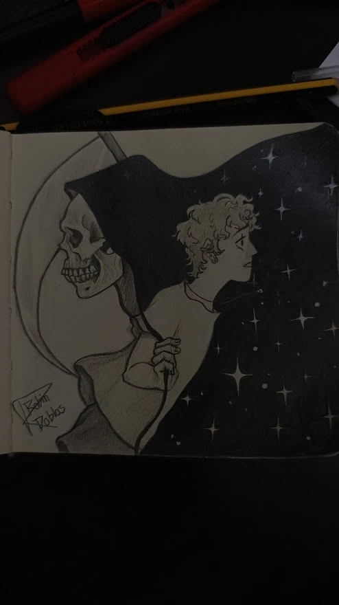 Ilustración tradicional solo a lápiz. Robin asomándose a la capa de la muerte y contemplando el brillo de las estrellas.