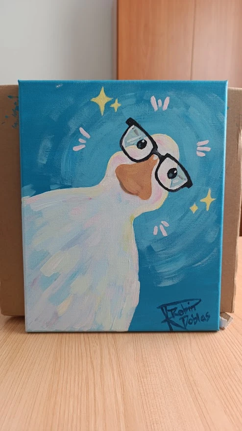 Lienzo en acrílico de un pato blanco con gafas de miope.