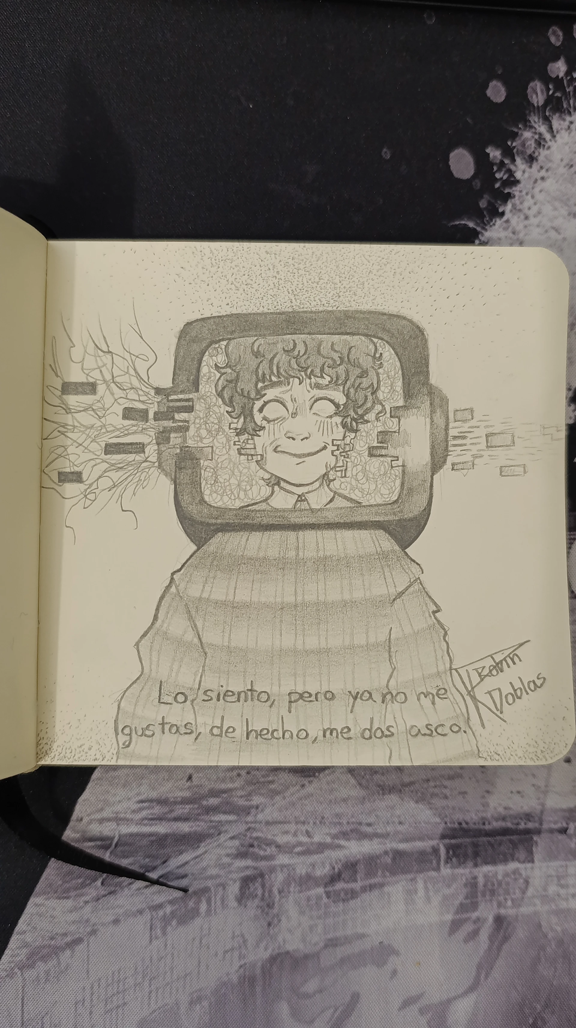 Ilustración tradicional de Robin con una televisión en la cabeza. Contiene el mensje: 