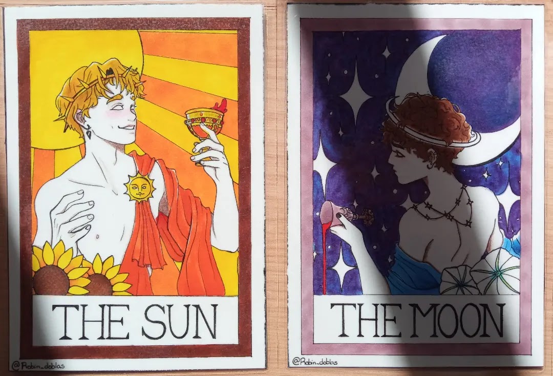 Dos ilustraciones tradicionales inspiradas en el tarot: el sol, un hombre feliz tomando vino junto a girasoles, y la luna, una persona meláncolica derramando vino en la noche junto a flores de luna