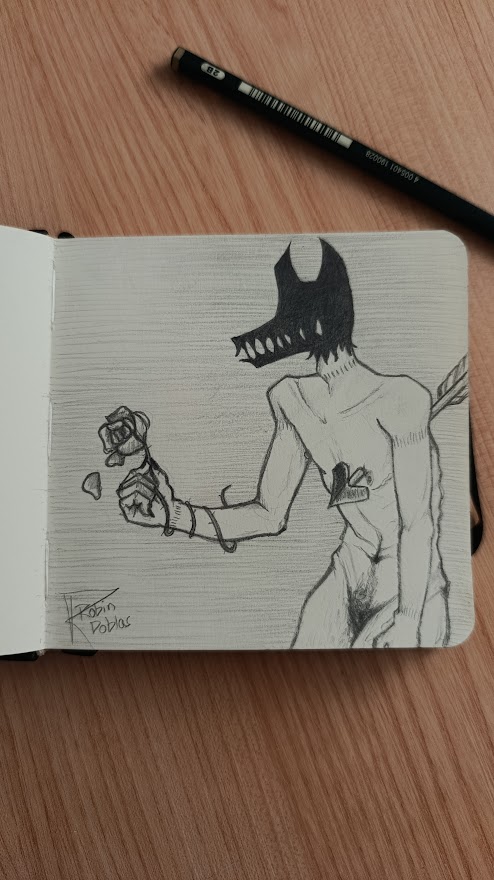 Ilustración tradicional solo a lápiz de un lobo antropomórfico con una flecha atravesándole el corazón y una rosa marchita en la mano.